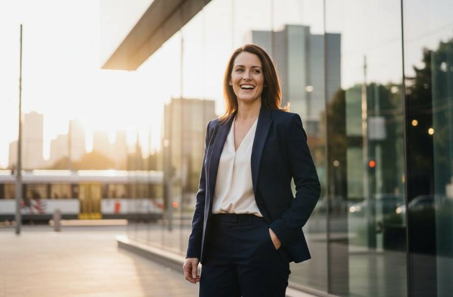Dynamic Mitcham business headshots Melbourne for entrepreneurs featuring a confident, smiling professional woman in a modern Mitcham office setting, bathed in warm, cinematic lighting.