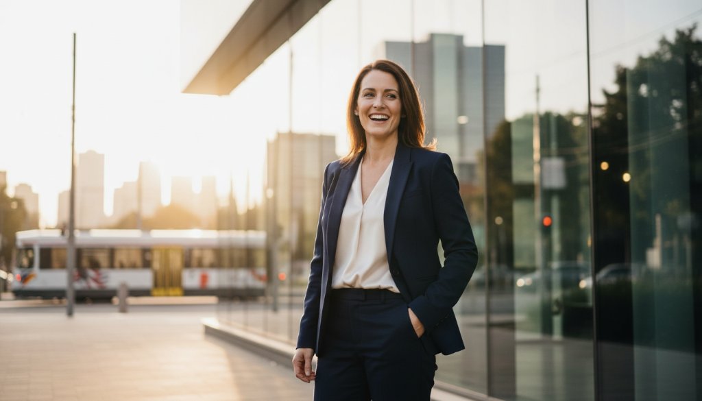 Dynamic Mitcham business headshots Melbourne for entrepreneurs featuring a confident, smiling professional woman in a modern Mitcham office setting, bathed in warm, cinematic lighting.