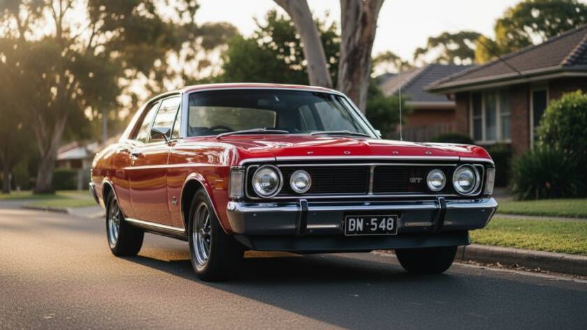 An epic, low-angle shot of a meticulously restored vintage muscle car, bathed in the golden hour light, parked on a quiet, tree-lined street in Mitcham, Victoria, perfectly embodying professional Mitcham classic car photography for enthusiasts.