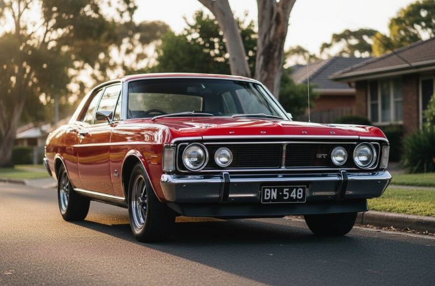 An epic, low-angle shot of a meticulously restored vintage muscle car, bathed in the golden hour light, parked on a quiet, tree-lined street in Mitcham, Victoria, perfectly embodying professional Mitcham classic car photography for enthusiasts.