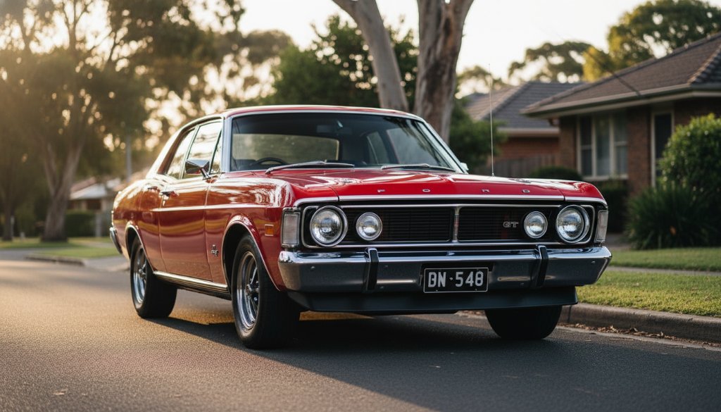 An epic, low-angle shot of a meticulously restored vintage muscle car, bathed in the golden hour light, parked on a quiet, tree-lined street in Mitcham, Victoria, perfectly embodying professional Mitcham classic car photography for enthusiasts.