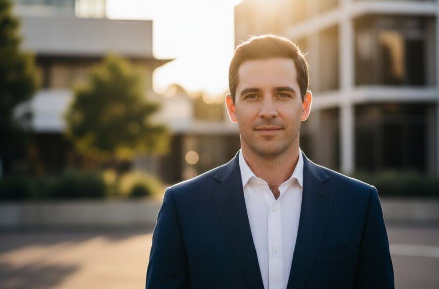 A confident Mitcham business professional, a man in a sharp suit, captured in an 'epic moment' corporate headshot, smiling genuinely against a blurred background of Mitcham's greenery, showcasing the impact of professional Mitcham corporate headshots for local business professionals with dramatic, warm lighting and a cinematic feel.