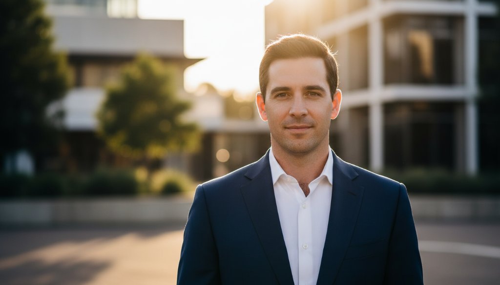 A confident Mitcham business professional, a man in a sharp suit, captured in an 'epic moment' corporate headshot, smiling genuinely against a blurred background of Mitcham's greenery, showcasing the impact of professional Mitcham corporate headshots for local business professionals with dramatic, warm lighting and a cinematic feel.