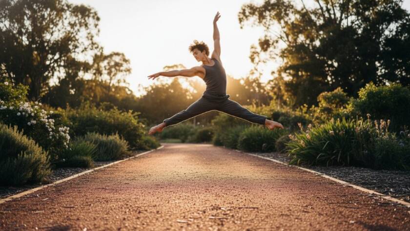 An epic moment in Mitcham dance photography capturing movement Victoria, featuring a male dancer mid-air in a powerful jump, silhouetted against a dramatic sunset over a Mitcham park with dynamic lighting.