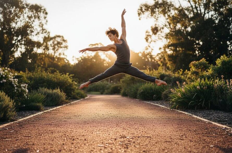 An epic moment in Mitcham dance photography capturing movement Victoria, featuring a male dancer mid-air in a powerful jump, silhouetted against a dramatic sunset over a Mitcham park with dynamic lighting.