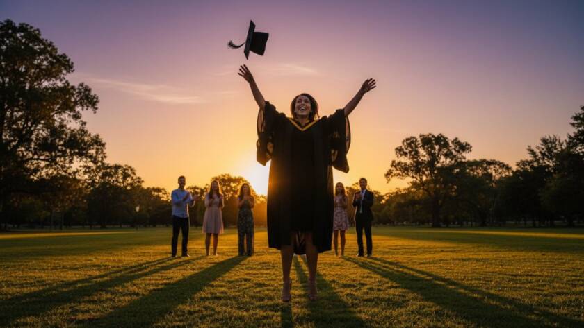 A jubilant graduate in Mitcham, Victoria, tossing their cap in the air at sunset, silhouetted against a beautiful sky, celebrating with professional Mitcham graduation photography cherished memories Victoria.