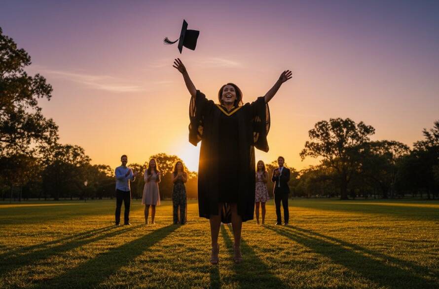 A jubilant graduate in Mitcham, Victoria, tossing their cap in the air at sunset, silhouetted against a beautiful sky, celebrating with professional Mitcham graduation photography cherished memories Victoria.