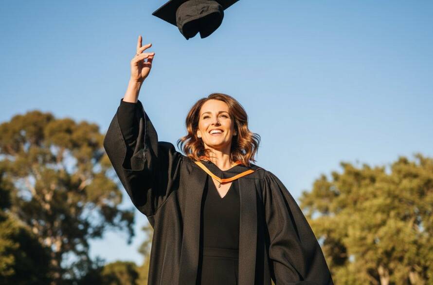 A jubilant university graduate in Mitcham, Victoria, celebrating their achievement with a wide smile and cap toss against a vibrant, sunlit backdrop, embodying the joy of professional Mitcham Graduation Portraits Capturing Your Milestone.