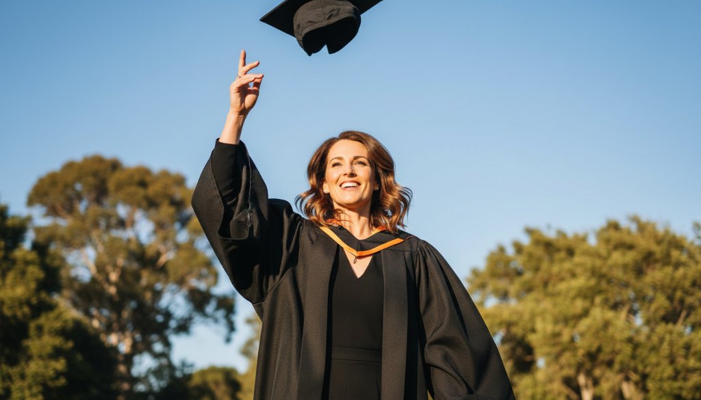 A jubilant university graduate in Mitcham, Victoria, celebrating their achievement with a wide smile and cap toss against a vibrant, sunlit backdrop, embodying the joy of professional Mitcham Graduation Portraits Capturing Your Milestone.