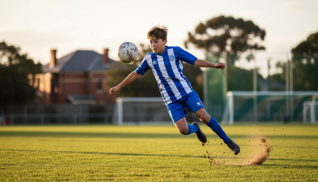 A dramatic wide-angle shot of a young soccer player in Mitcham, mid-air, scoring a goal with intense focus, capturing the essence of Mitcham junior sports photography action shots, professional lighting highlighting the peak of the action, with a blurred sports field in the background under golden hour.