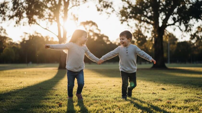 An epic, professional photograph of two children bursting with genuine laughter and playful joy, running through the sun-dappled grounds of Halliday Park in Mitcham, Victoria, expertly captured in a Mitcham kids photography candid moments Victoria style, with dramatic golden hour lighting and rich colour grading.