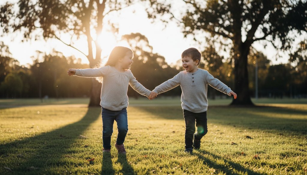 An epic, professional photograph of two children bursting with genuine laughter and playful joy, running through the sun-dappled grounds of Halliday Park in Mitcham, Victoria, expertly captured in a Mitcham kids photography candid moments Victoria style, with dramatic golden hour lighting and rich colour grading.