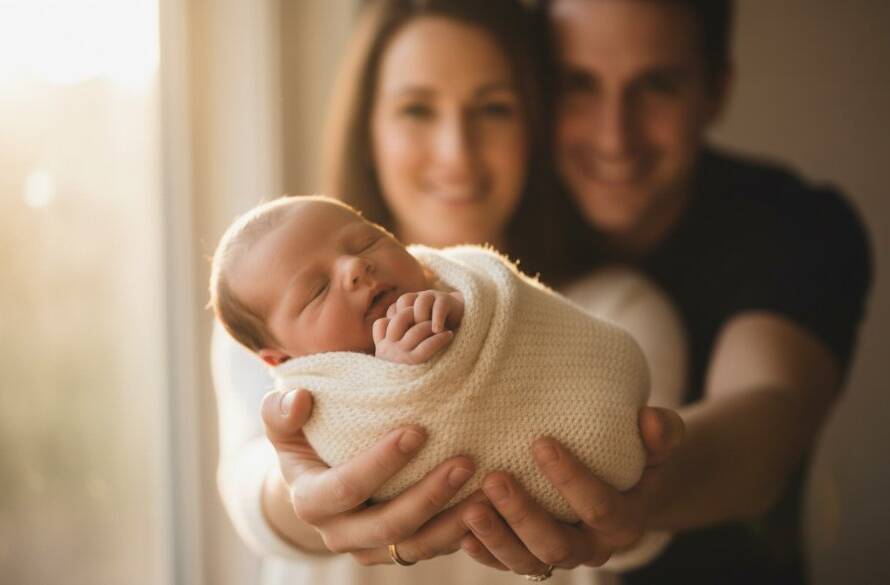 A heartwarming and intimate portrait capturing a Mitcham newborn photography family experience, with parents gently holding their tiny baby, bathed in soft, warm golden hour light, reflecting pure joy and connection.
