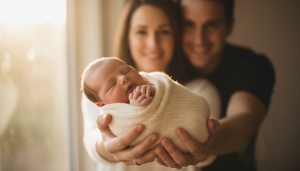 A heartwarming and intimate portrait capturing a Mitcham newborn photography family experience, with parents gently holding their tiny baby, bathed in soft, warm golden hour light, reflecting pure joy and connection.