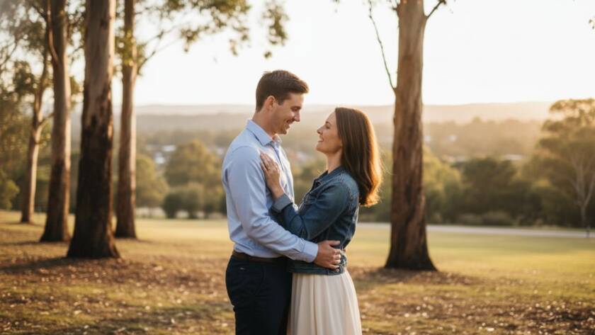 An epic moment of a couple embracing during their Mitcham pre-wedding photography capturing timeless love, bathed in golden hour light in a lush Mitcham park, showcasing their genuine affection and the beautiful Victorian landscape.