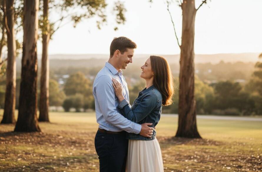 An epic moment of a couple embracing during their Mitcham pre-wedding photography capturing timeless love, bathed in golden hour light in a lush Mitcham park, showcasing their genuine affection and the beautiful Victorian landscape.