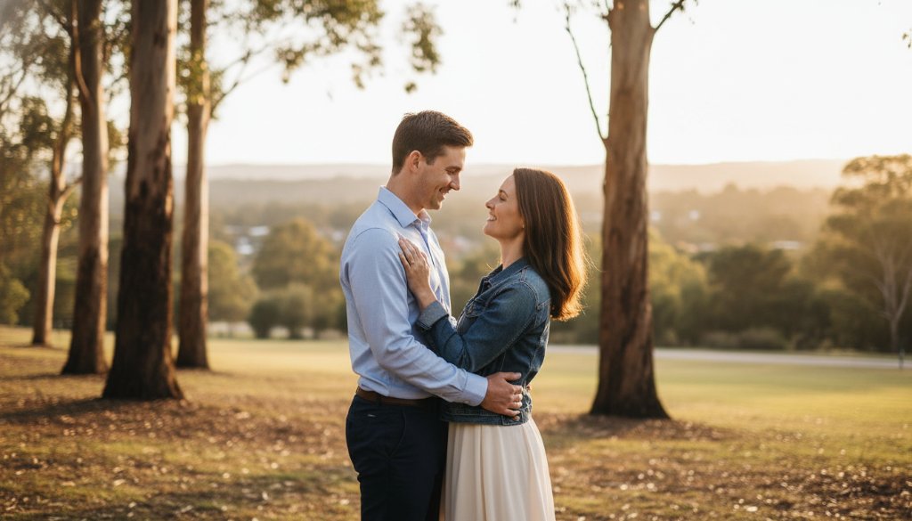 An epic moment of a couple embracing during their Mitcham pre-wedding photography capturing timeless love, bathed in golden hour light in a lush Mitcham park, showcasing their genuine affection and the beautiful Victorian landscape.