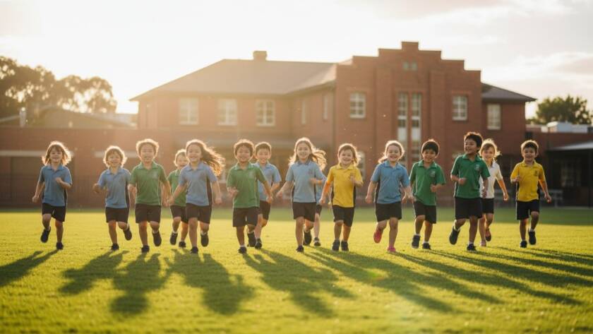 A vibrant, wide-angle shot of a diverse group of primary school children in Mitcham, Victoria, laughing joyfully together on a sunny school oval, perfectly illustrating Mitcham school photography capturing genuine student smiles, with the school building subtly in the background under dramatic, warm afternoon light.