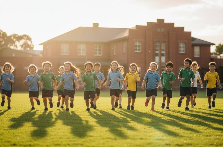 A vibrant, wide-angle shot of a diverse group of primary school children in Mitcham, Victoria, laughing joyfully together on a sunny school oval, perfectly illustrating Mitcham school photography capturing genuine student smiles, with the school building subtly in the background under dramatic, warm afternoon light.