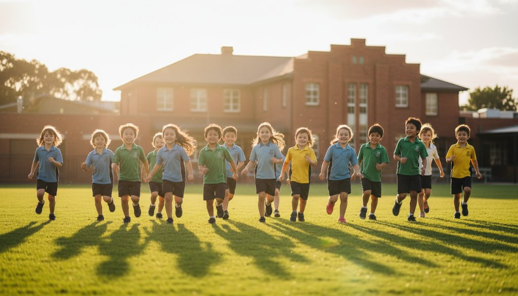 A vibrant, wide-angle shot of a diverse group of primary school children in Mitcham, Victoria, laughing joyfully together on a sunny school oval, perfectly illustrating Mitcham school photography capturing genuine student smiles, with the school building subtly in the background under dramatic, warm afternoon light.