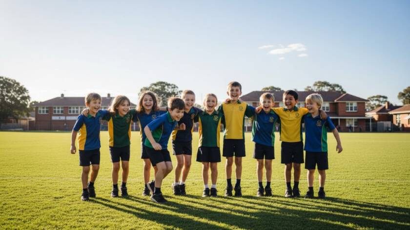 A candid, professional photograph capturing a joyful group of primary school students from Mitcham, Victoria, laughing together on the school oval, embodying Mitcham school photography capturing vibrant student life stories with bright sunshine and genuine smiles.