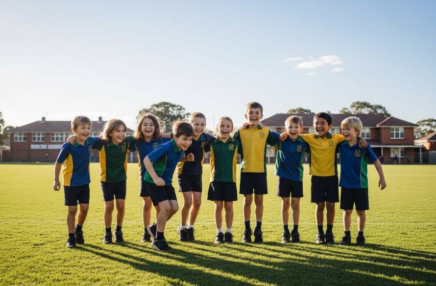 A candid, professional photograph capturing a joyful group of primary school students from Mitcham, Victoria, laughing together on the school oval, embodying Mitcham school photography capturing vibrant student life stories with bright sunshine and genuine smiles.