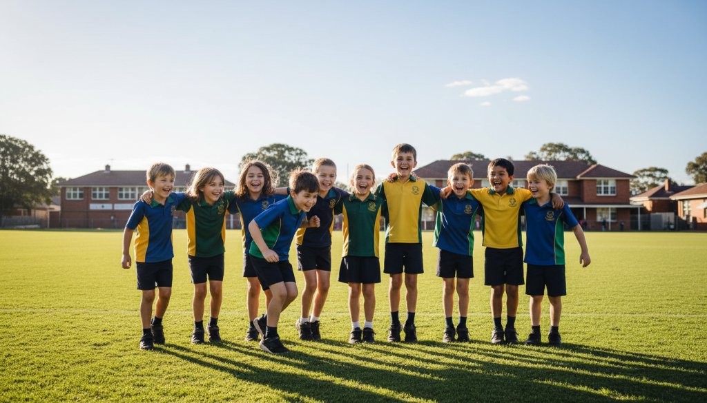 A candid, professional photograph capturing a joyful group of primary school students from Mitcham, Victoria, laughing together on the school oval, embodying Mitcham school photography capturing vibrant student life stories with bright sunshine and genuine smiles.