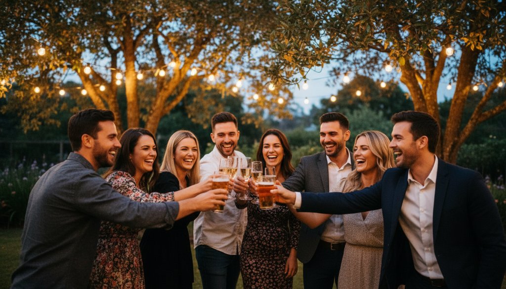 A wide-angle, vibrant party photography image from a lively outdoor celebration in Mitcham, Victoria, featuring guests laughing and dancing under string lights at dusk, capturing an unforgettable memory with dramatic flair and professional lighting.
