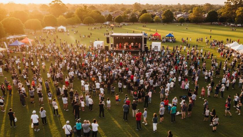 An awe-inspiring drone shot capturing the vibrant energy of a community festival in Mitcham, Victoria, showcasing Mitcham Victoria aerial event photography with dramatic golden hour lighting, a bustling crowd, and festive decorations, from a unique elevated perspective.