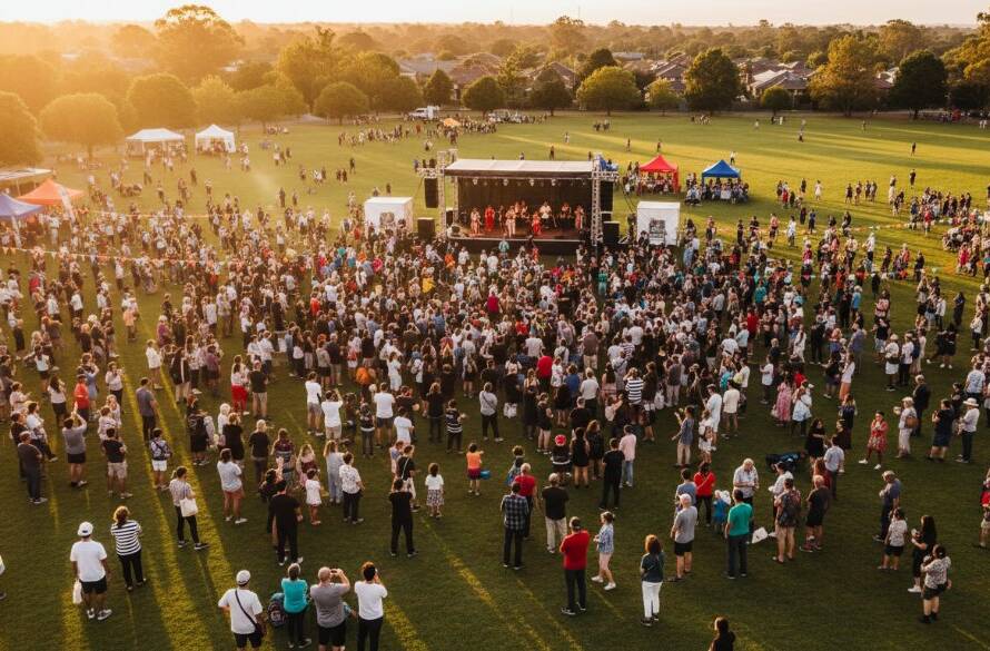 An awe-inspiring drone shot capturing the vibrant energy of a community festival in Mitcham, Victoria, showcasing Mitcham Victoria aerial event photography with dramatic golden hour lighting, a bustling crowd, and festive decorations, from a unique elevated perspective.