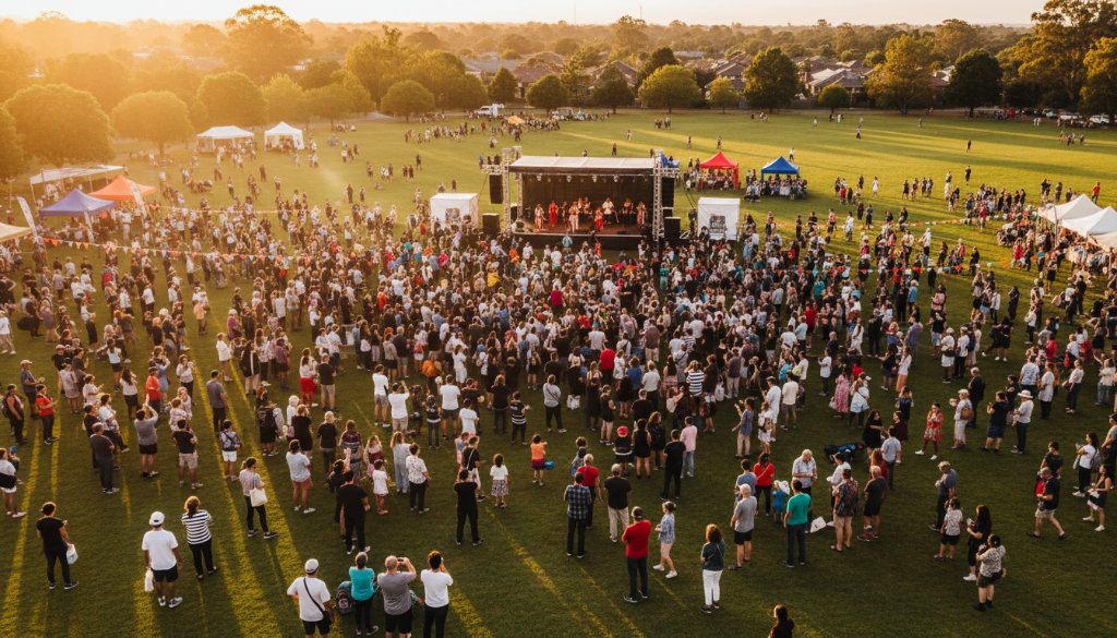 An awe-inspiring drone shot capturing the vibrant energy of a community festival in Mitcham, Victoria, showcasing Mitcham Victoria aerial event photography with dramatic golden hour lighting, a bustling crowd, and festive decorations, from a unique elevated perspective.
