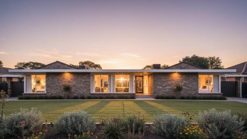 Dramatic wide-angle shot of a beautifully restored mid-century modern home in Mitcham, Victoria, illuminated by golden hour sunlight, showcasing a stunning Mitcham Victoria architectural photography showcase.