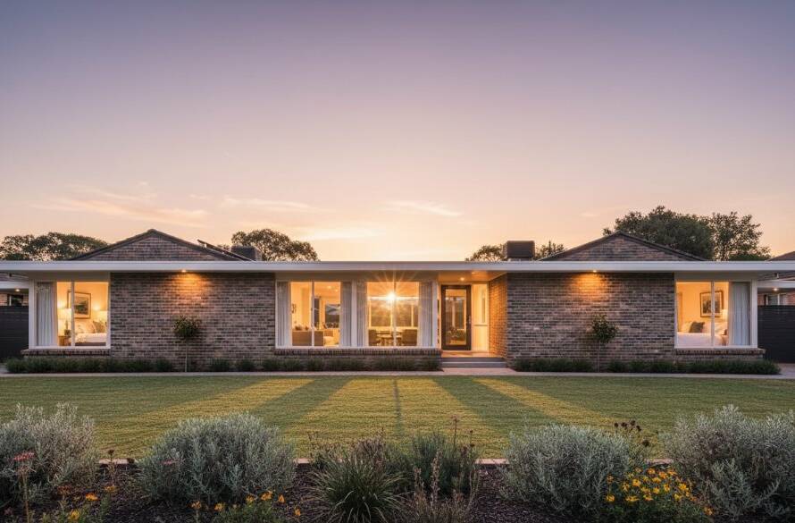 Dramatic wide-angle shot of a beautifully restored mid-century modern home in Mitcham, Victoria, illuminated by golden hour sunlight, showcasing a stunning Mitcham Victoria architectural photography showcase.