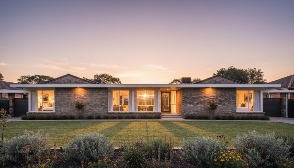 Dramatic wide-angle shot of a beautifully restored mid-century modern home in Mitcham, Victoria, illuminated by golden hour sunlight, showcasing a stunning Mitcham Victoria architectural photography showcase.