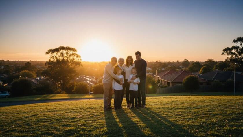 A dramatic, professionally colour-graded photograph capturing a family silhouetted against a vibrant Mitcham sunset, embodying the essence of Mitcham Victoria bespoke fine art photography, with dynamic lighting highlighting their emotional connection.