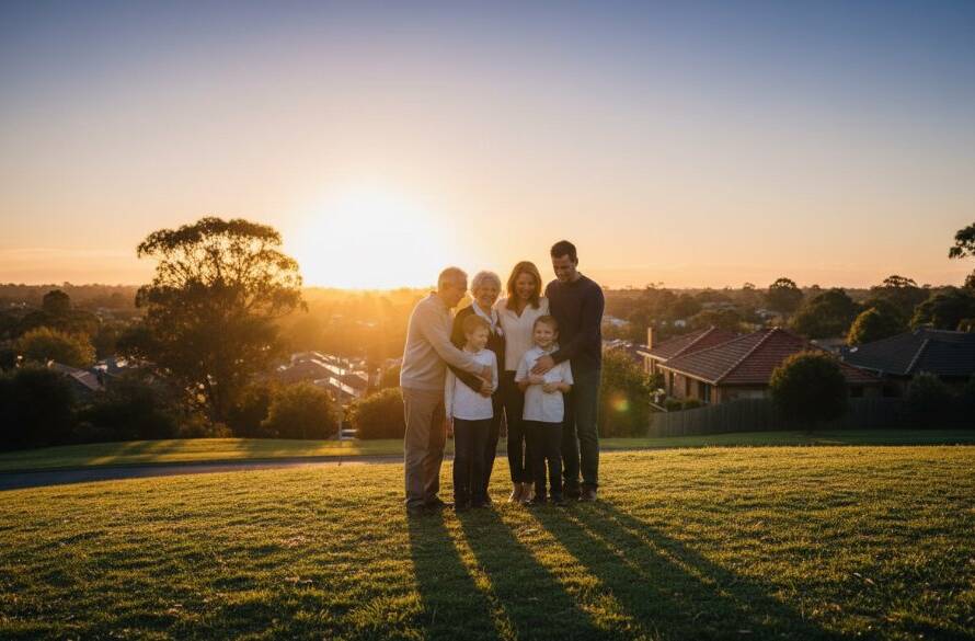 A dramatic, professionally colour-graded photograph capturing a family silhouetted against a vibrant Mitcham sunset, embodying the essence of Mitcham Victoria bespoke fine art photography, with dynamic lighting highlighting their emotional connection.