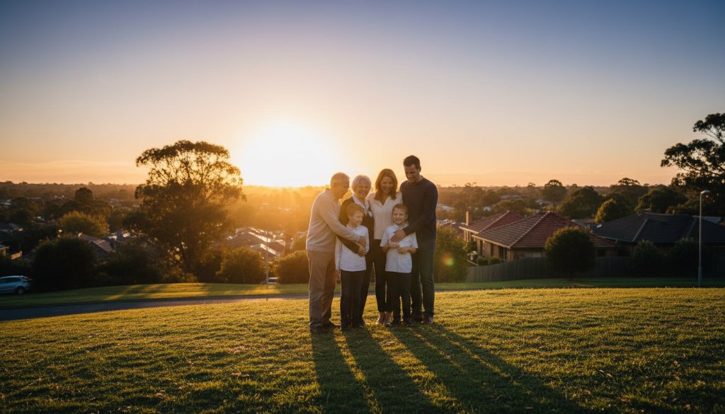 A dramatic, professionally colour-graded photograph capturing a family silhouetted against a vibrant Mitcham sunset, embodying the essence of Mitcham Victoria bespoke fine art photography, with dynamic lighting highlighting their emotional connection.