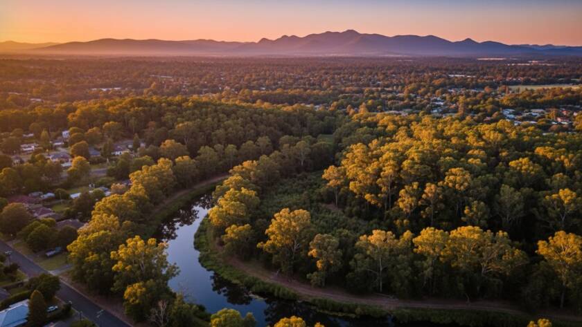 Dramatic aerial view captured by a drone in Mitcham Victoria drone photography breathtaking aerial views, showing the lush green canopy of Mitcham Reserve at golden hour with distant Dandenong Ranges, creating an epic moment of natural beauty.