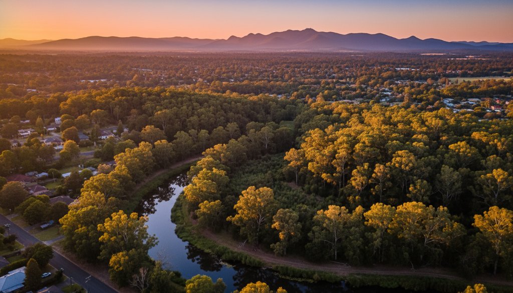 Dramatic aerial view captured by a drone in Mitcham Victoria drone photography breathtaking aerial views, showing the lush green canopy of Mitcham Reserve at golden hour with distant Dandenong Ranges, creating an epic moment of natural beauty.