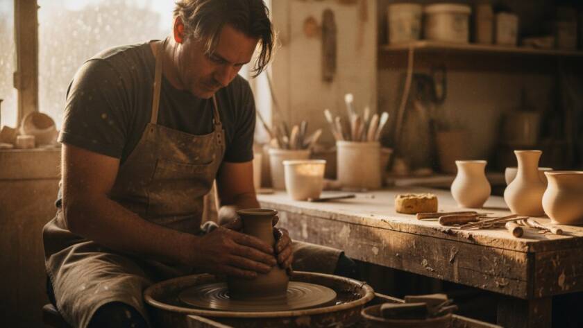 A dramatic, cinematically lit editorial photograph showcasing the power of Mitcham Victoria editorial photography storytelling, featuring a local artisan passionately crafting a unique piece in their workshop, with dynamic light highlighting their intense focus and the intricate details of their work, conveying an epic moment of creation.