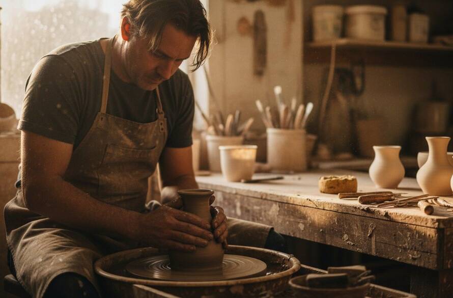 A dramatic, cinematically lit editorial photograph showcasing the power of Mitcham Victoria editorial photography storytelling, featuring a local artisan passionately crafting a unique piece in their workshop, with dynamic light highlighting their intense focus and the intricate details of their work, conveying an epic moment of creation.