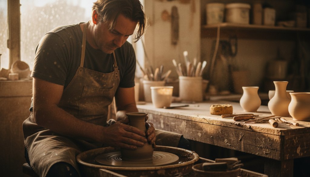 A dramatic, cinematically lit editorial photograph showcasing the power of Mitcham Victoria editorial photography storytelling, featuring a local artisan passionately crafting a unique piece in their workshop, with dynamic light highlighting their intense focus and the intricate details of their work, conveying an epic moment of creation.