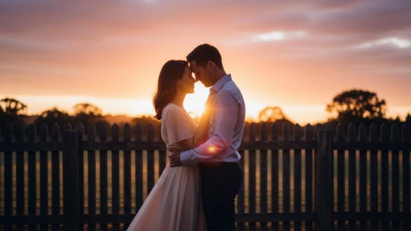 An epic moment captured in Mitcham Victoria engagement photography sunset glow, featuring a couple embracing passionately amidst the golden hour at Schwerkolt Cottage, with dramatic lens flare and a warm, ethereal glow.
