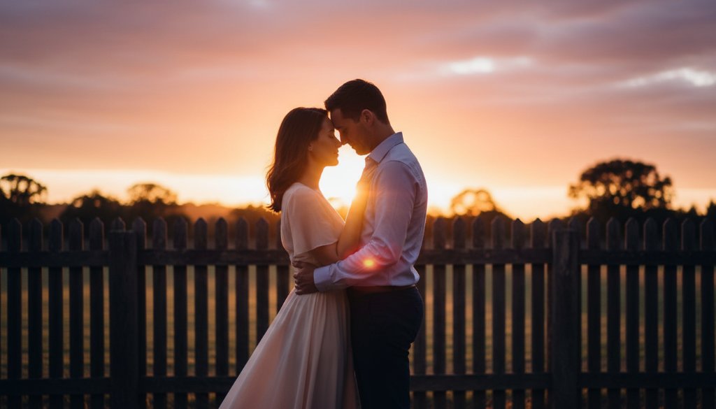 An epic moment captured in Mitcham Victoria engagement photography sunset glow, featuring a couple embracing passionately amidst the golden hour at Schwerkolt Cottage, with dramatic lens flare and a warm, ethereal glow.