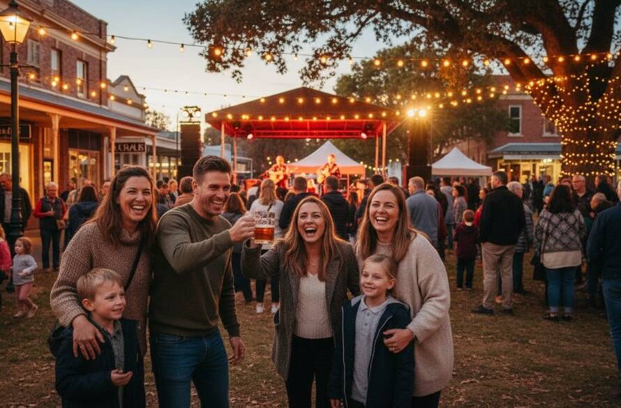Mitcham Victoria event photography capturing genuine moments: A candid, wide-angle shot of a joyous community festival gathering at twilight in Mitcham, Victoria, with diverse individuals laughing and engaging, illuminated by warm, hanging string lights and professional, vibrant colour grading.
