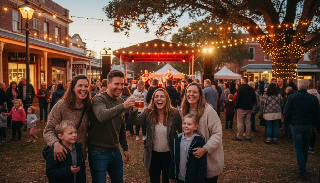 Mitcham Victoria event photography capturing genuine moments: A candid, wide-angle shot of a joyous community festival gathering at twilight in Mitcham, Victoria, with diverse individuals laughing and engaging, illuminated by warm, hanging string lights and professional, vibrant colour grading.