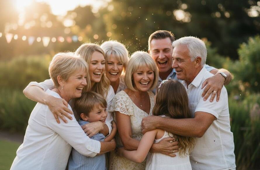 An ecstatic multi-generational family group in Mitcham Victoria, mid-laughter and hug, captured by a Mitcham Victoria family celebration photographer during an 'epic moment' at an outdoor party, with golden hour light silhouetting them against a vibrant garden backdrop, professional color grading.
