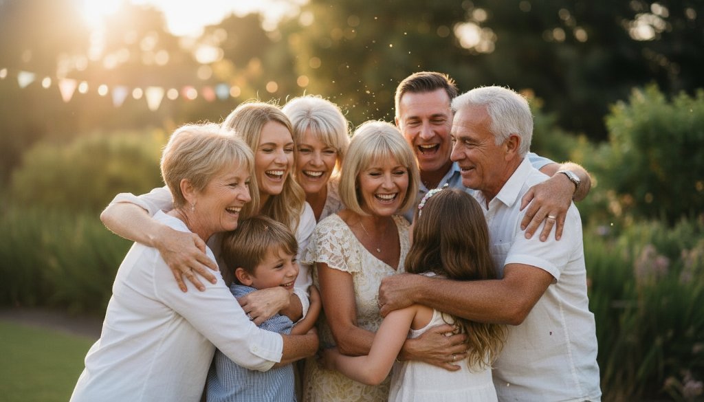 An ecstatic multi-generational family group in Mitcham Victoria, mid-laughter and hug, captured by a Mitcham Victoria family celebration photographer during an 'epic moment' at an outdoor party, with golden hour light silhouetting them against a vibrant garden backdrop, professional color grading.