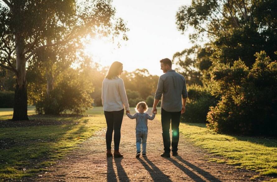 Professional photo capturing a joyous family moment at sunset in Mitcham, Victoria, featuring parents playfully swinging their child with warm, golden light creating cherished Mitcham Victoria family photography memories.