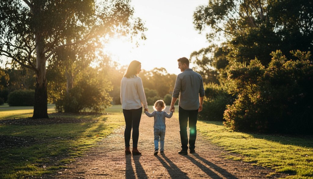 Professional photo capturing a joyous family moment at sunset in Mitcham, Victoria, featuring parents playfully swinging their child with warm, golden light creating cherished Mitcham Victoria family photography memories.